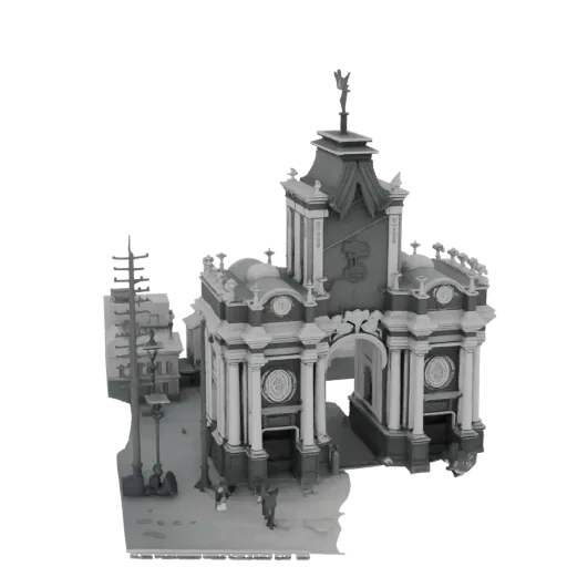 Рендер 3D модели монументальной арки с классическими колоннами, богато украшенными деталями и окружающими элементами улицы.