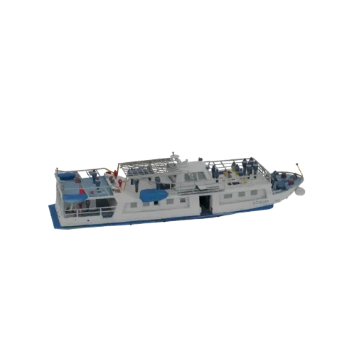 3D модель бело-синего пассажирского парома с несколькими палубами и видимыми сиденьями.
