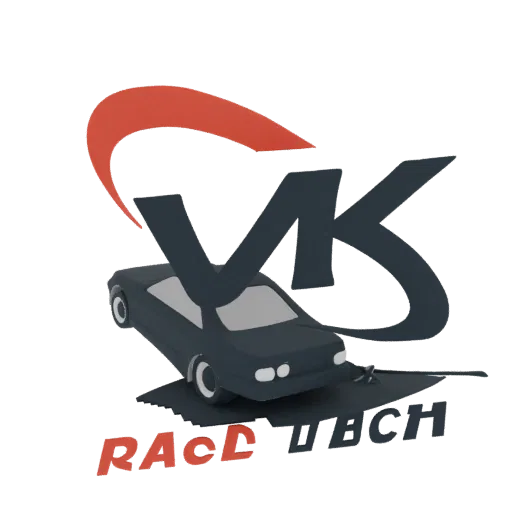 3D рендер логотипа 'Race Tech' с стилизованным темным автомобилем, красным акцентом и жирным шрифтом.