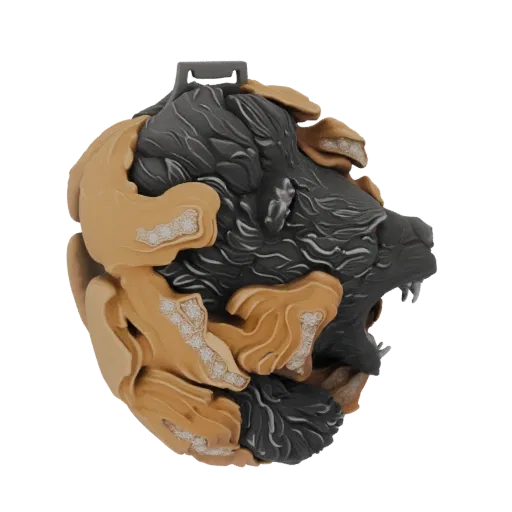 3D модель свирепой головы медведя со слоистыми песочными элементами и кристаллическими деталями, вид сбоку.
