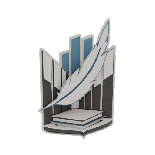 3D модель стилизованной эмблемы с белым пером на стопке книг, с абстрактными вертикальными панелями на заднем плане.