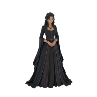 3D модель женщины в темном королевском платье и короне, со сложенными руками.