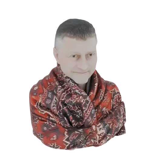 Рендер 3D модели бюста мужчины в красном узорчатом шарфе, с нейтральным выражением лица и короткой стрижкой.