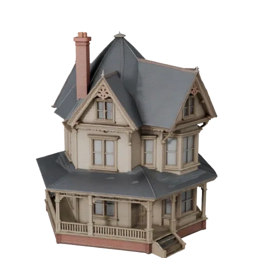 Печатная модель дома в викторианском стиле STL 3D, изометрический вид, показывающий материалы жилого здания и архитектурные д