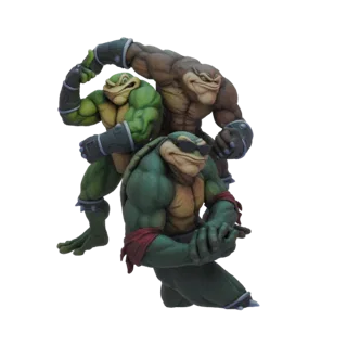 3D model of three muscular mutant turtles in dynamic action poses, one wearing sunglasses and holding a cigar.