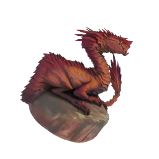 3D модель детёныша красного дракона с оранжевыми бликами, настороженно сидящего на текстурированном скалистом уступе, смотрящ