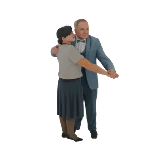 3D модель элегантной танцующей пары, мужчина в синем костюме, женщина в сером топе и темной юбке, запечатлены в изящной позе.