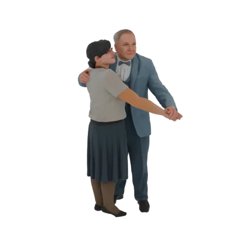 3D модель элегантной танцующей пары, мужчина в синем костюме, женщина в сером топе и темной юбке, запечатлены в изящной позе.
