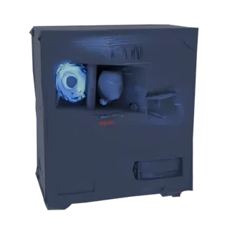3D-модель футуристичного темно-серого корпуса ПК со светящимся синим RGB-вентилятором, видимым через боковую панель.