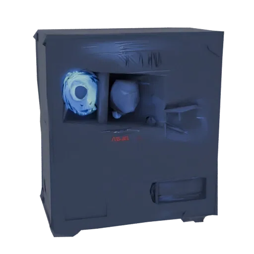 3D-модель футуристичного темно-серого корпуса ПК со светящимся синим RGB-вентилятором, видимым через боковую панель.
