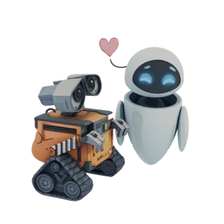3D модель роботов ВАЛЛ-И и ЕВА из мультфильма, стоящих рядом с розовым сердцем, парящим над ними.