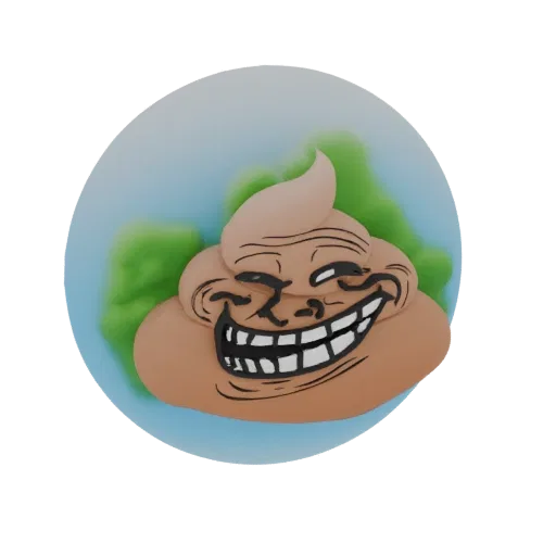 3D рендер коричневого эмодзи какашки с лицом мема Trollface, окруженный абстрактными зелеными формами.