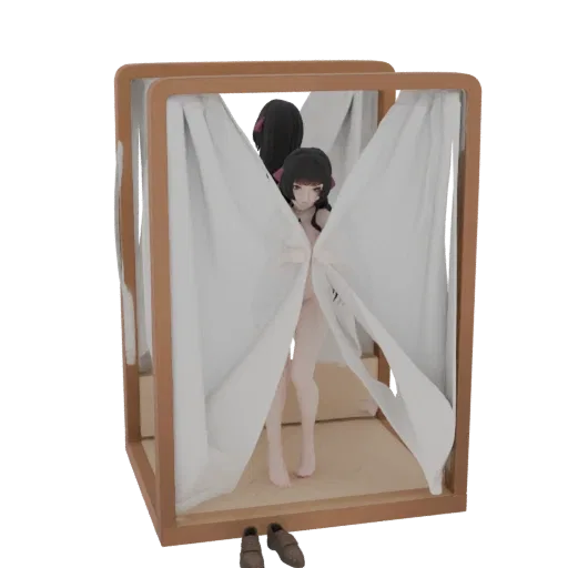 3D модель аниме-девушки с темными волосами, выглядывающей из-за белых штор кровати, стоящей в деревянной раме кровати.