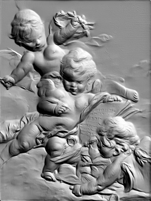 3D модель барельефа с тремя амурами, один из которых держит раскрытую книгу, в классическом стиле.