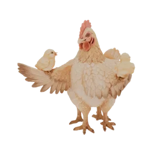 3D модель светло-коричневой курицы с детализированными перьями, защитно держащей маленького цыпленка на крыле, с видимым друг