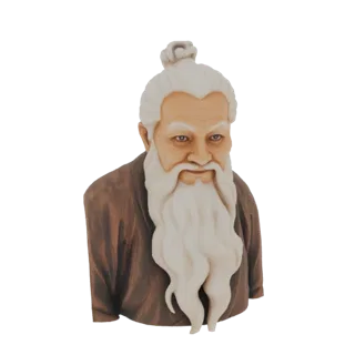 Рендер 3D модели бюста мудрого старца с длинной, развевающейся белой бородой и традиционной коричневой одеждой, смотрящего вп