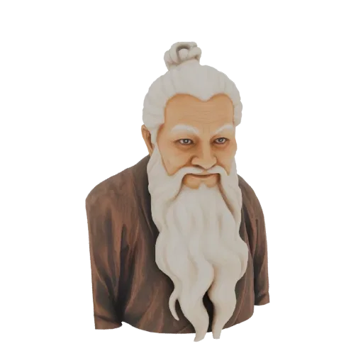 Рендер 3D модели бюста мудрого старца с длинной, развевающейся белой бородой и традиционной коричневой одеждой, смотрящего вп