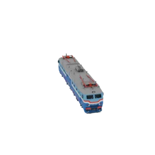 3D модель сине-серого электровоза с красными акцентами, вид под небольшим углом.