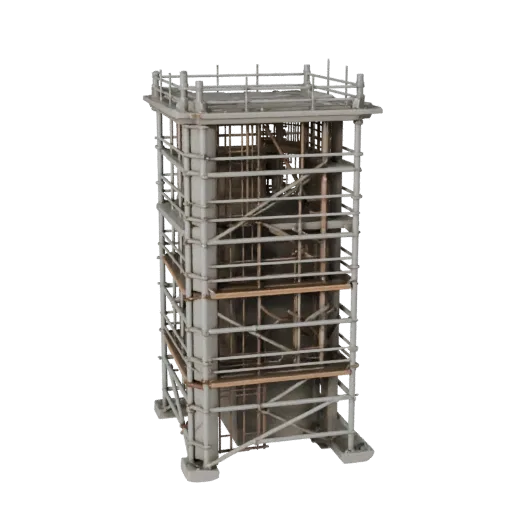 Модульная 3D-модель башни-лестницы для тяжелых условий, изометрический вид модульного набора, показывающий бетонные силуэты,