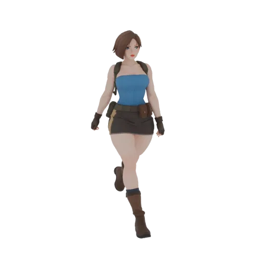 3D-модель Джилл Валентайн из Resident Evil в синем топе-бандо, короткой коричневой юбке и боевых ботинках, в динамичной позе.