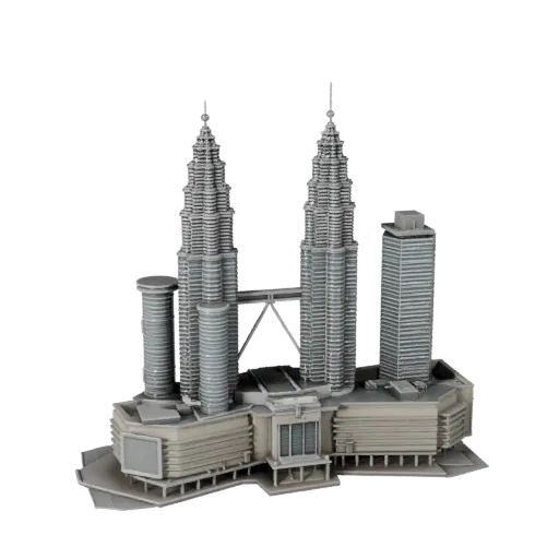 Низкополигональная 3D модель Башен Петронас, готовая для игры, вид снаружи, показывающий материалы достопримечательности и ар