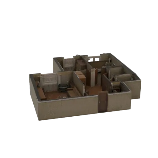 3D модель современного плана квартиры с комнатами, стенами и дверными проемами, вид сверху.