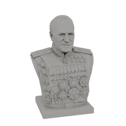 3D модель бюста Маршала СССР с медалями, строгим выражением лица.