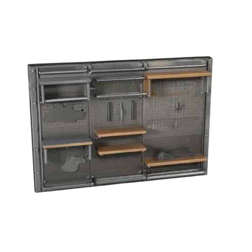 Стилизованная 3D-модель промышленной перфорированной стены, стилизованный изометрический рендер, показывающий стальные рамы,