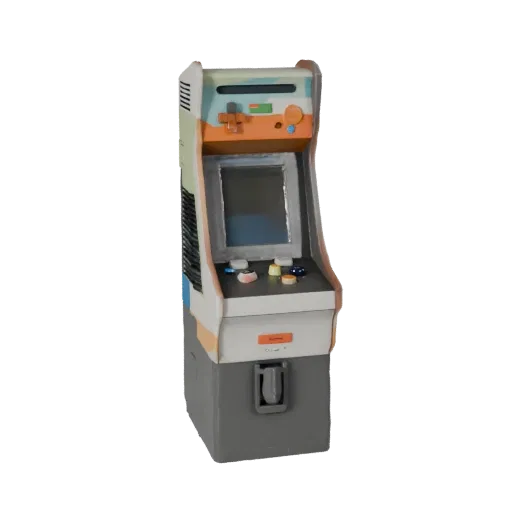3D-модель мини-аркадного стика, вид спереди в три четверти, в окне просмотра Unity, показывающая матовый пластик, пропорции к