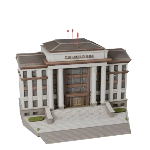 Реалистичная 3D модель здания суда, вид в три четверти снаружи, показывающий материалы общедоступного здания и архитектурные