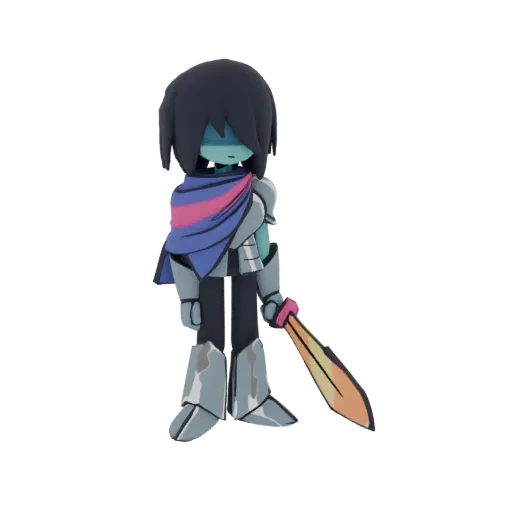3D модель Криса из Deltarune, персонажа с темными волосами, бирюзовой кожей, в сине-розовом шарфе и серебряной броне, с мечом