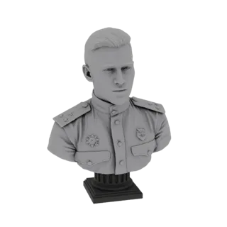 Рендер 3D модели серого бюста советского офицера в форме с медалями и эполетами, установленный на черном постаменте.