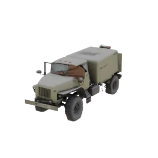 3D модель потертого военного грузовика с кузовом и тентом, вид с трехчетвертной перспективы.