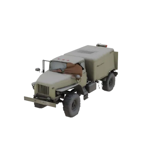 3D модель потертого военного грузовика с кузовом и тентом, вид с трехчетвертной перспективы.