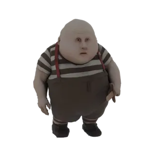 3D модель персонажа Тилли-Вилли, пухлая фигура в полосатой рубашке и коричневом комбинезоне с красными подтяжками.
