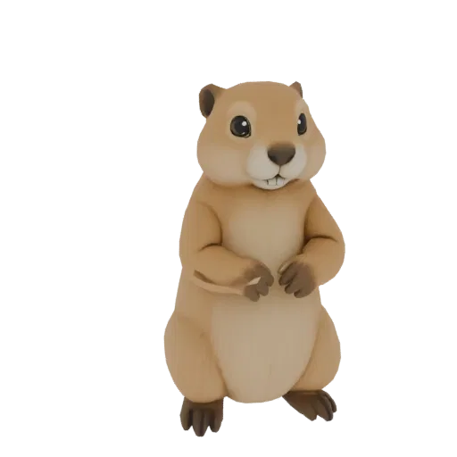 Милая, стилизованная 3D модель сурка, стоящая прямо со сложенными лапками, на белом фоне.