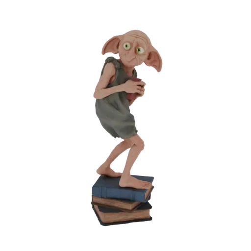 3D модель Добби из Гарри Поттера, стоящего на стопке книг, с большими ушами и в тунике.