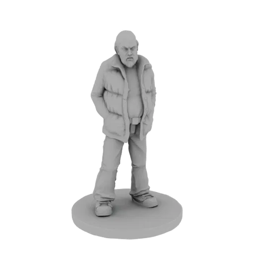 Рендер 3D модели ворчливого старика в пуховике, стоящего на круглой подставке с руками в карманах.