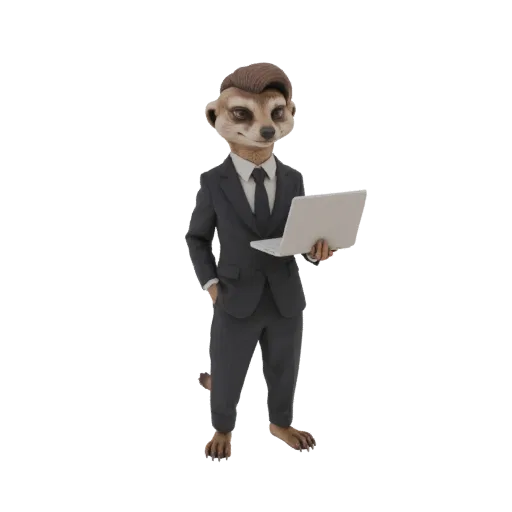 3D модель суриката в деловом костюме с ноутбуком, нейтральное выражение лица.