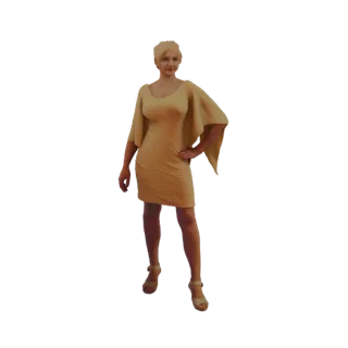 3D модель женщины с светлыми волосами, в коротком струящемся золотом платье и туфлях на высоком каблуке, позирует с рукой на