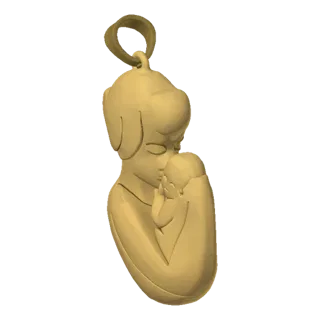 3D-модель матери, нежно обнимающей ребенка, в теплом золотом материале, с петлей для крепления кулона.