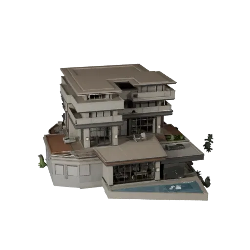 Высокополигональная 3D модель роскошной виллы, крупный план архитектурного рендера, показывающий материалы жилого здания и ар