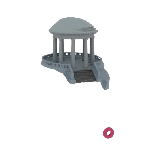 3D модель классической ротонды с колоннами, куполом и лестницей на черном фоне.