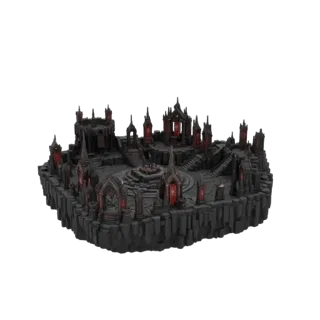 3D модель темной готической цитадели с острыми шпилями, крепостными стенами и красными знаменами, на скалистом основании.