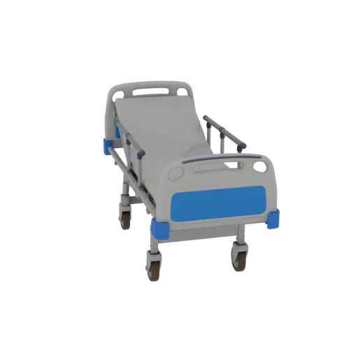 Реалистичная 3D-модель больничной койки для экстренных случаев, студийный рендер в трех четвертях, показывающий окрашенный ме