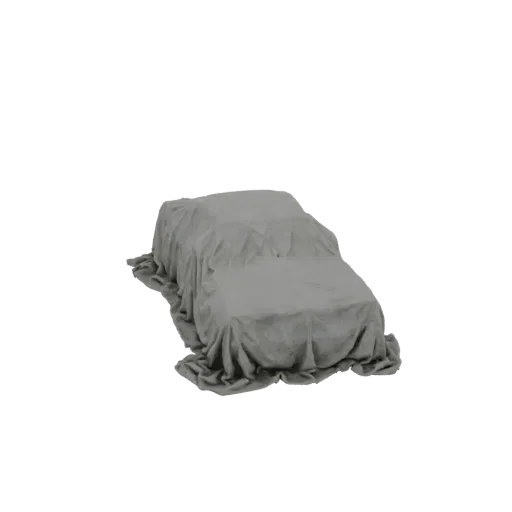 3D модель автомобиля, полностью покрытого драпированным серым чехлом, со складками и тенями, намекающими на форму автомобиля