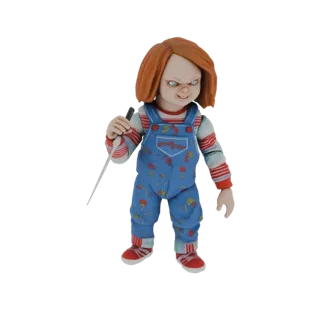 3D модель куклы Чаки из фильма Детские игры, в синем комбинезоне с ножом и зловещим выражением лица.