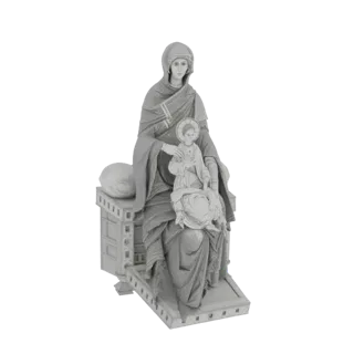 Рендер 3D модели скульптуры иконы Мадонны с младенцем, с нимбами, сидящей на богато украшенном основании.