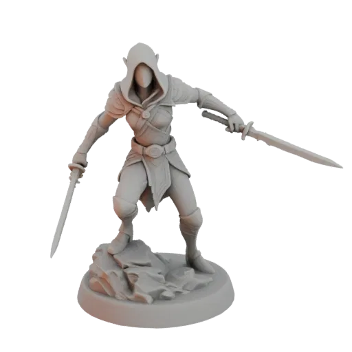 Fantasy Dark Elf Rogue Attack Miniature STL, трехчетвертной настольный рендер, миниатюра для тактических игр, печатаемая на с
