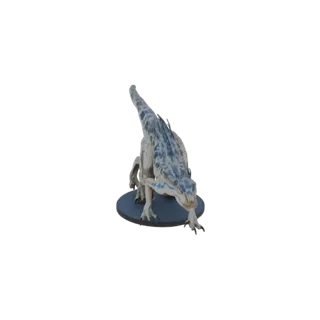 Детализированная 3D модель синего велоцираптора в низкой хищной позе на черном фоне.